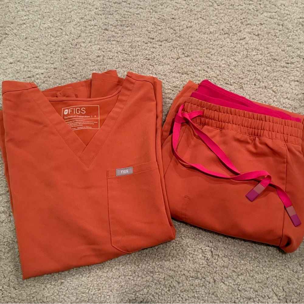 Figs Two-Piece Scrub Set Orange with Hot Pink Accents